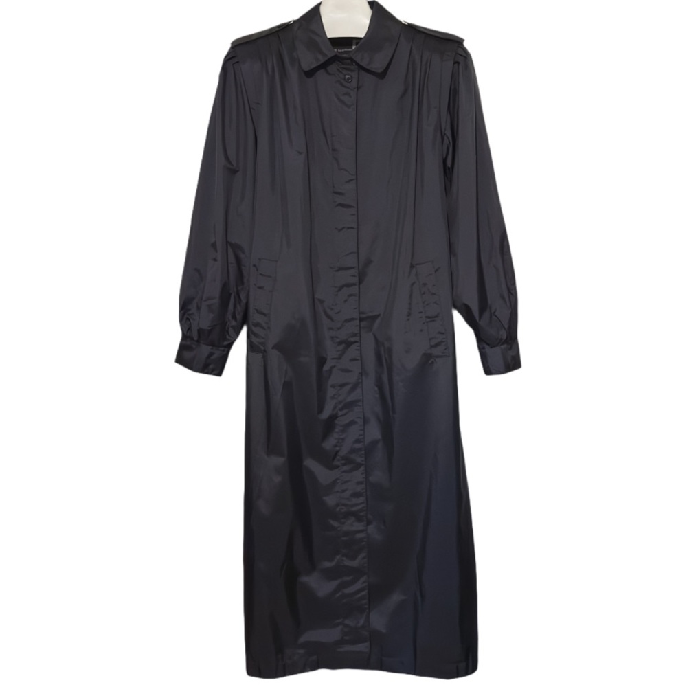 VINTAGE David Benjamin Black Nylon Button Up Maxi Belted Trench Rain Coat Jacket